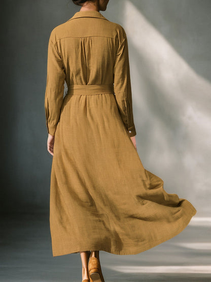 Linen Button-Front Belted Midi Shirt Dress