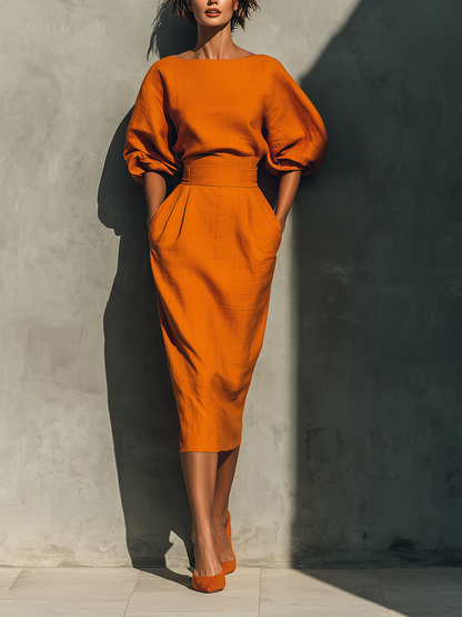 Orange Mid-Sleeve Top & Midi Skirt Set