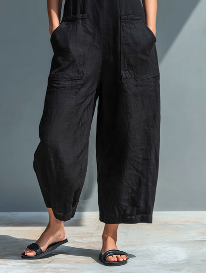 Linen Blend Stand Collar Sleeveless Jumpsuit