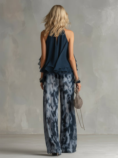 Ludovica - elegant chiffon dress with high neck top and wide printed trousers