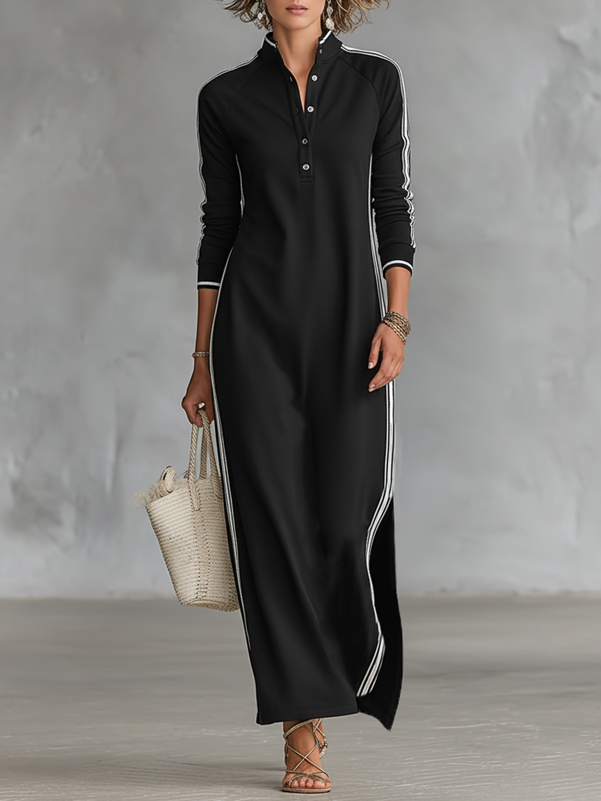 White Trim Button Collar Sweatshirt Maxi Dress