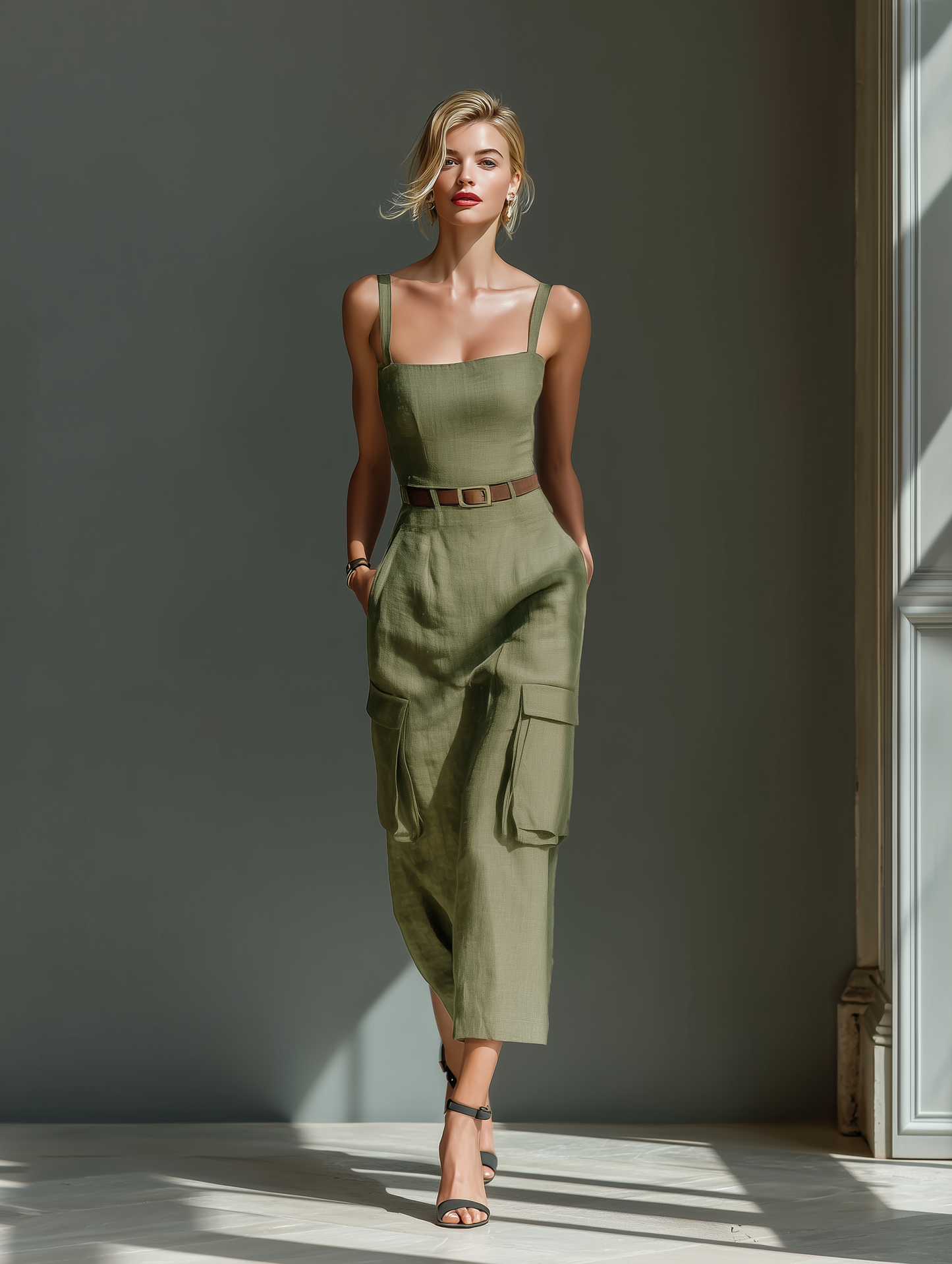 Olive Green Linen Sleeveless Cargo Pocket Belted Midi Dress