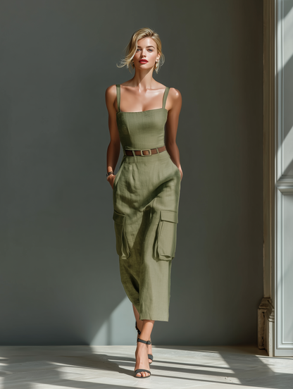 Olive Green Linen Sleeveless Cargo Pocket Belted Midi Dress