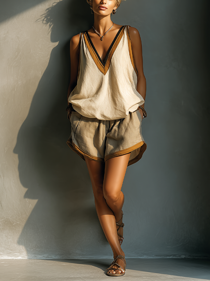 Linen Contrast Trim V-Neck Tank & Shorts Set