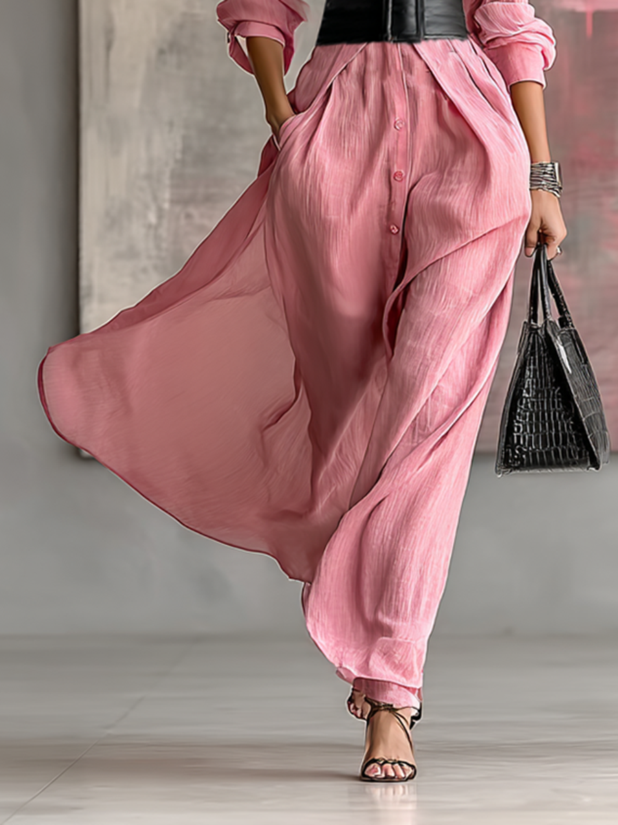 Lapel Long Sleeve Single-Breasted Belted Maxi Shirt Dress