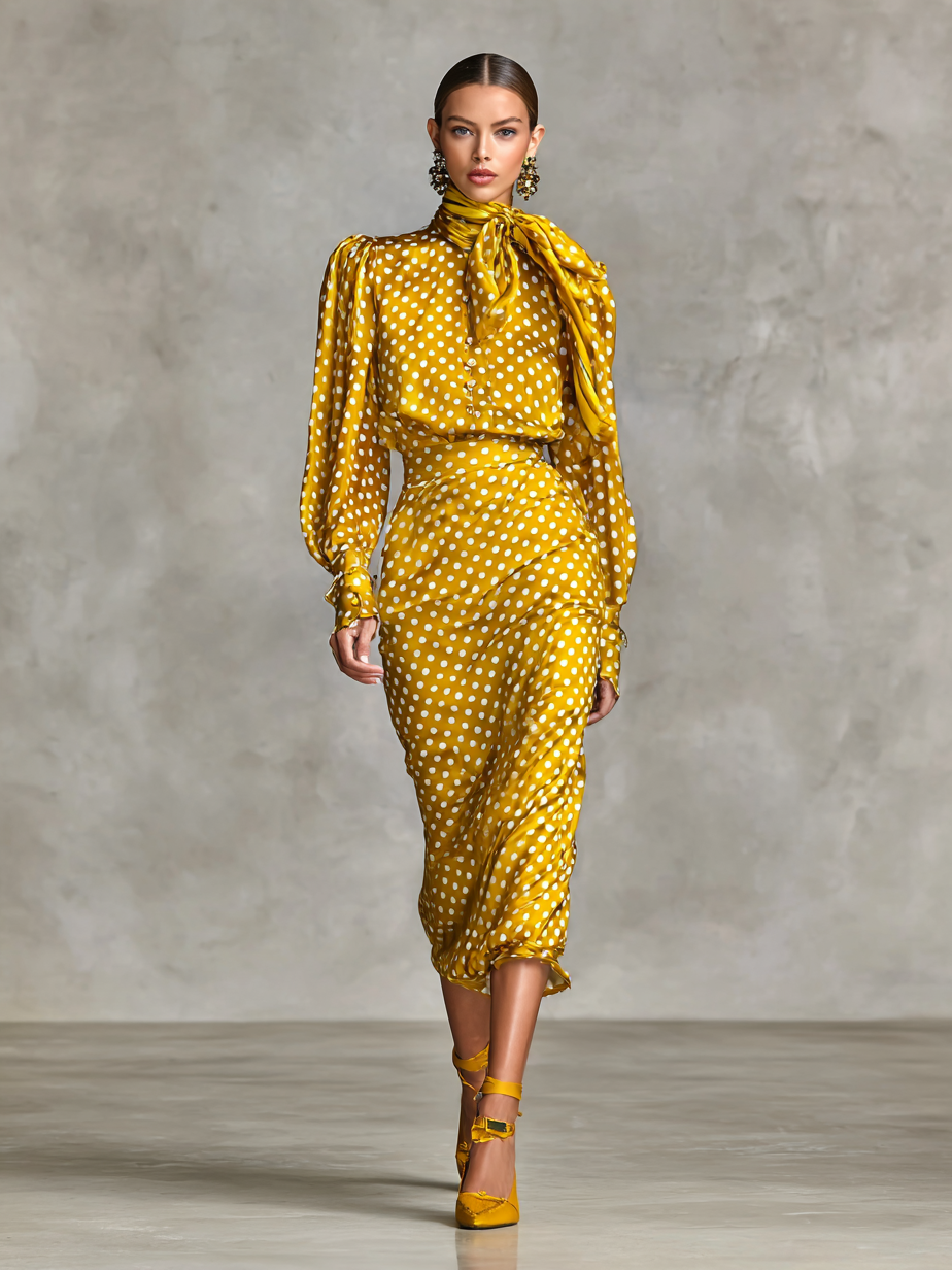 Vintage Satin Polka Dot Print Shirt & Skirt Set