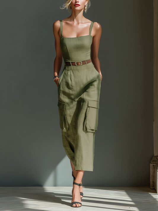 Olive Green Linen Sleeveless Cargo Pocket Belted Midi Dress