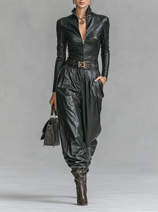 PU Leather Slim Fit Zipper Stand Collar Shirt & Pants Set