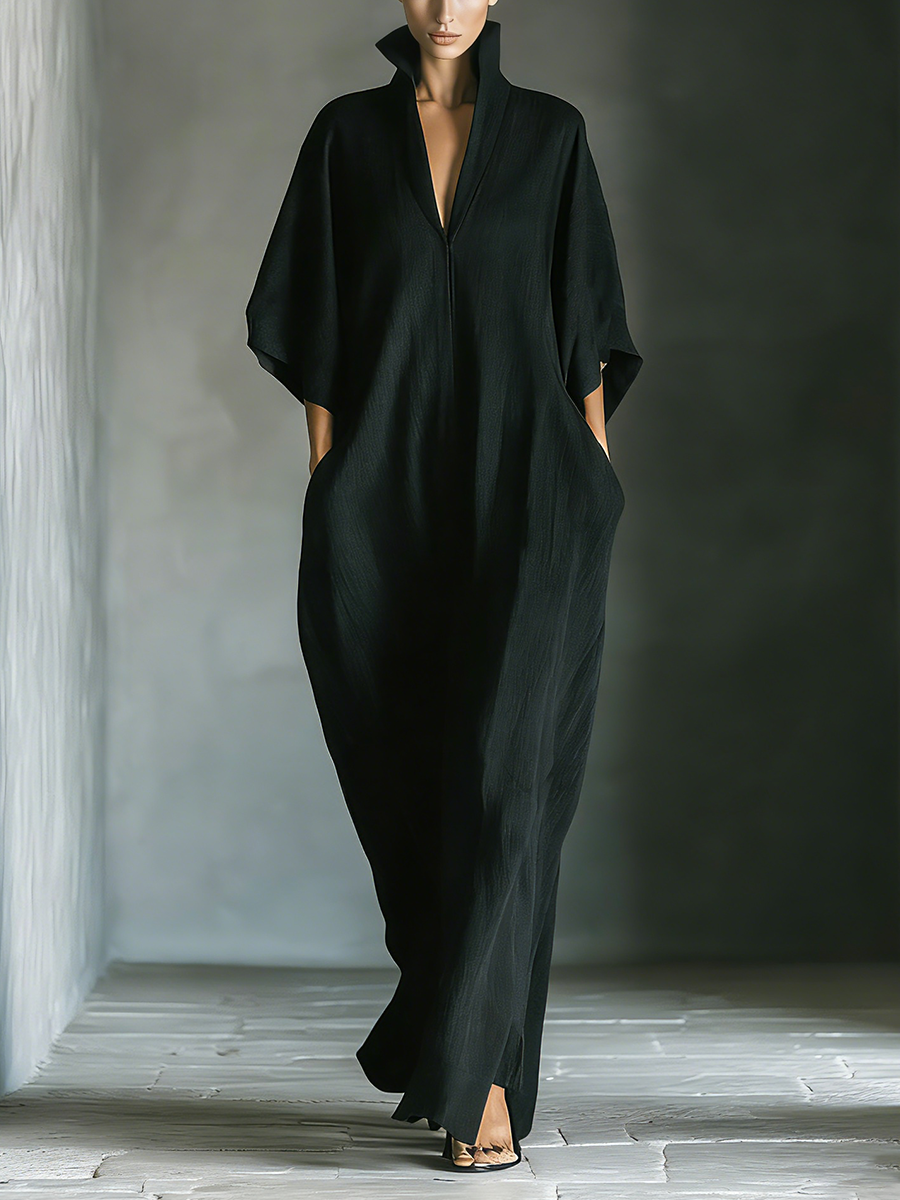 Black Cotton Oversized Kimono Sleeve Maxi Dress