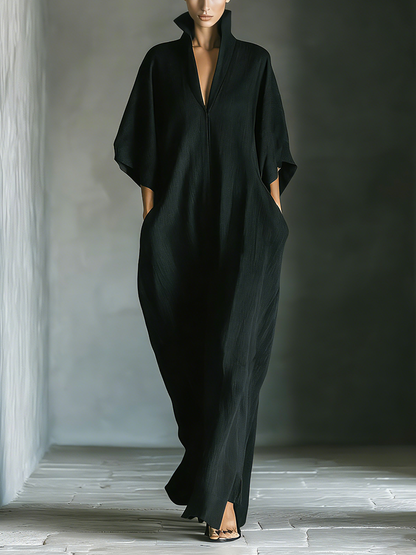 Black Cotton Oversized Kimono Sleeve Maxi Dress