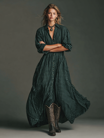 Plaid Long Sleeve Shirt Maxi Dress