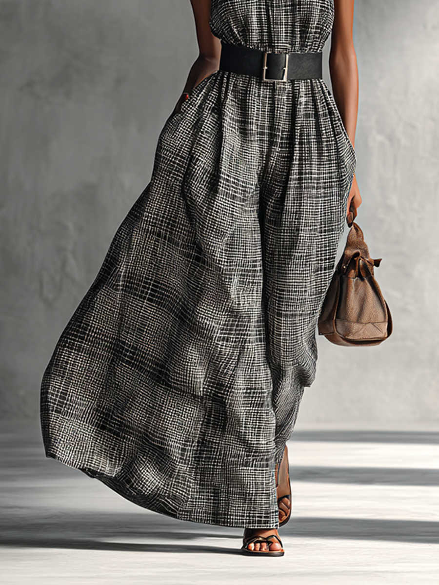 Plaid High Collar Sleeveless Belted Maxi Dress
