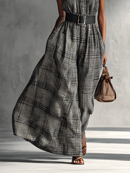 Plaid High Collar Sleeveless Belted Maxi Dress