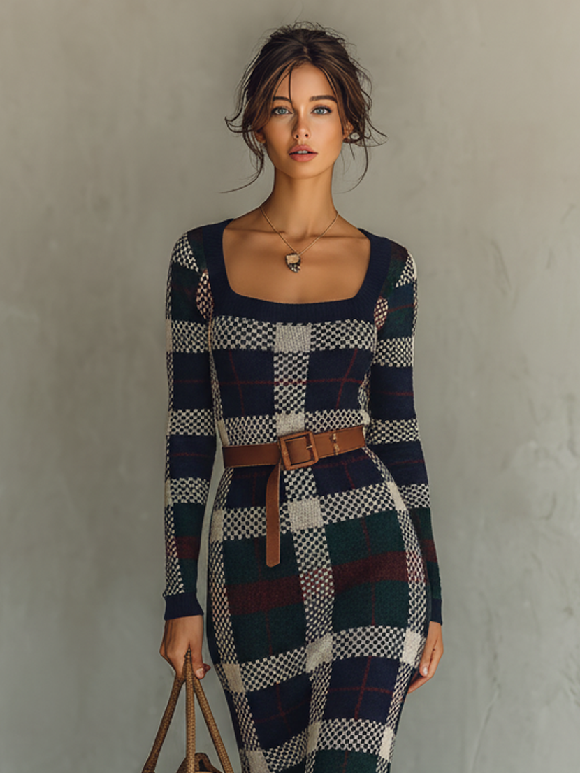 Check Knit Belted Square Neck Maxi Dress