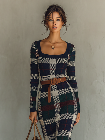 Check Knit Belted Square Neck Maxi Dress