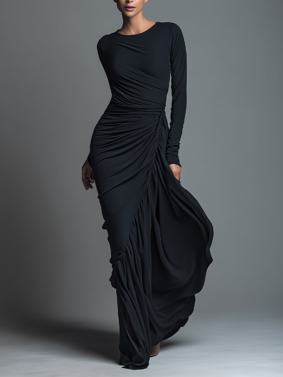 Black Jersey Knit Ruched Maxi Dress