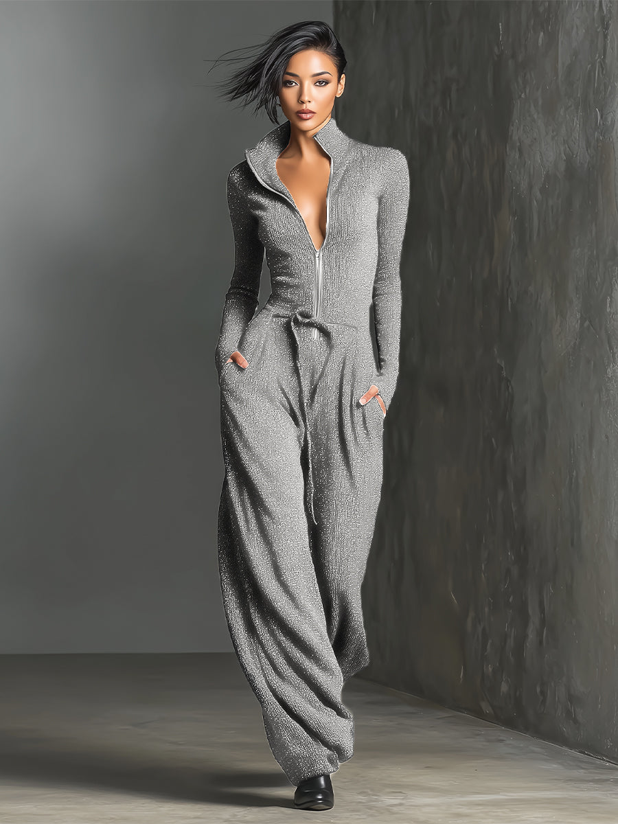 Knit Sparkling Zipper Front Jumpsuit