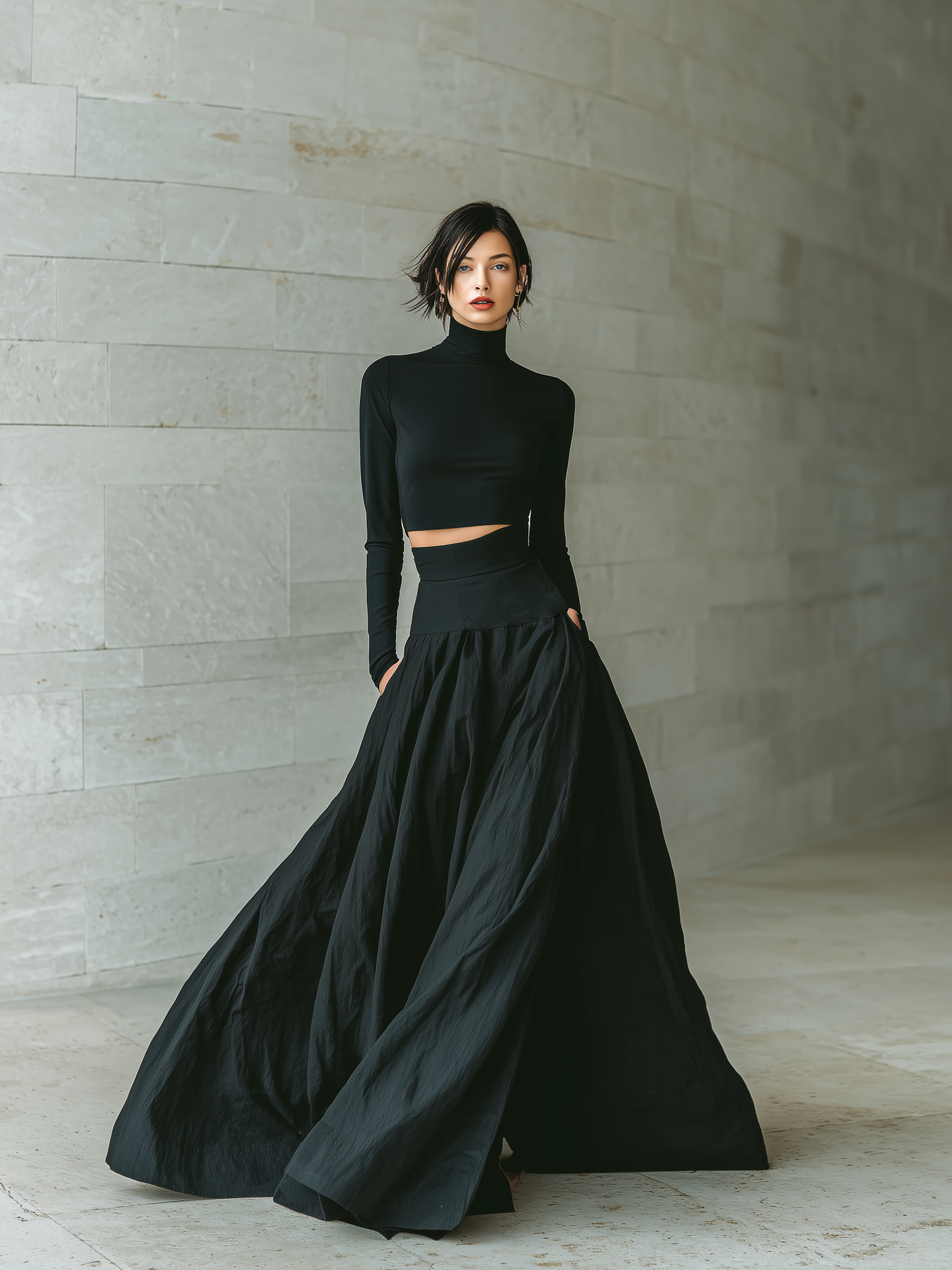 Black Fitted Turtleneck Crop Top & Long Skirt Set