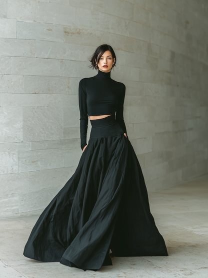 Black Fitted Turtleneck Crop Top & Long Skirt Set