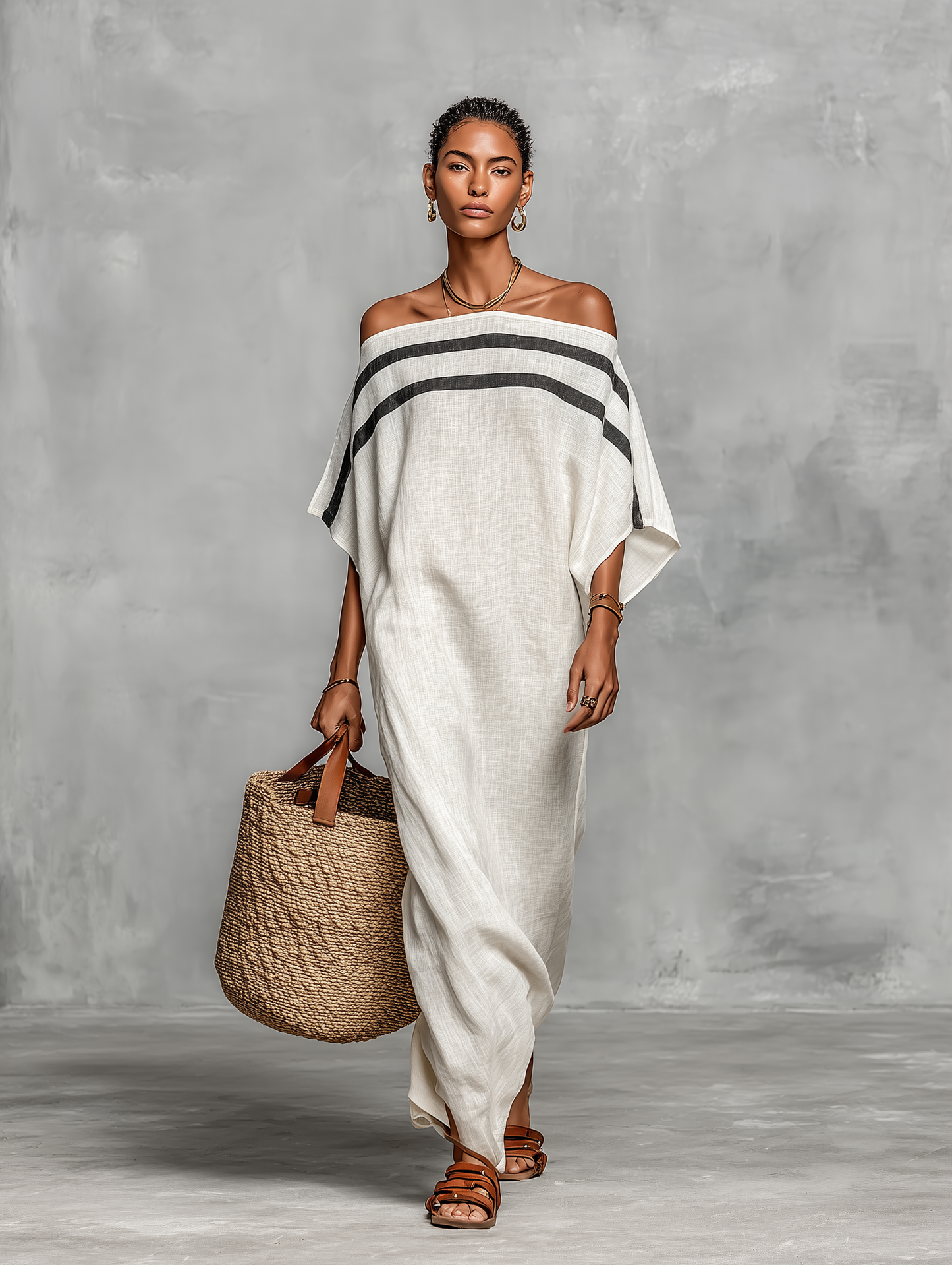 Linen Blend Off-Shoulder Batwing Sleeve Maxi Dress