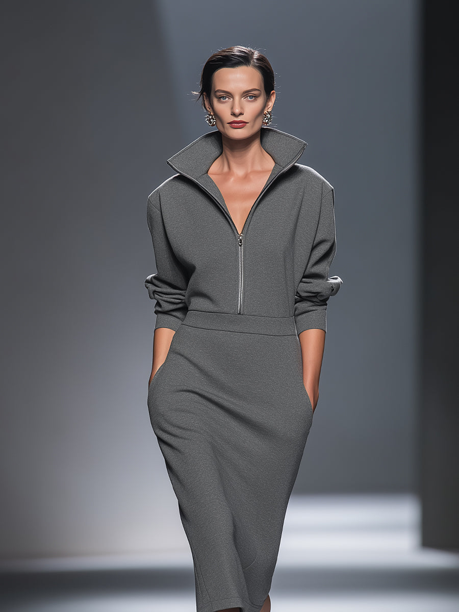 Cotton Blend Half-Zip Midi Dress