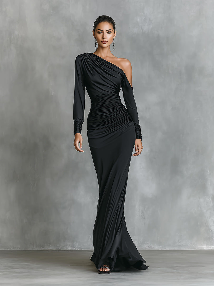 Black Satin One-Shoulder Ruched Mermaid Maxi Dress
