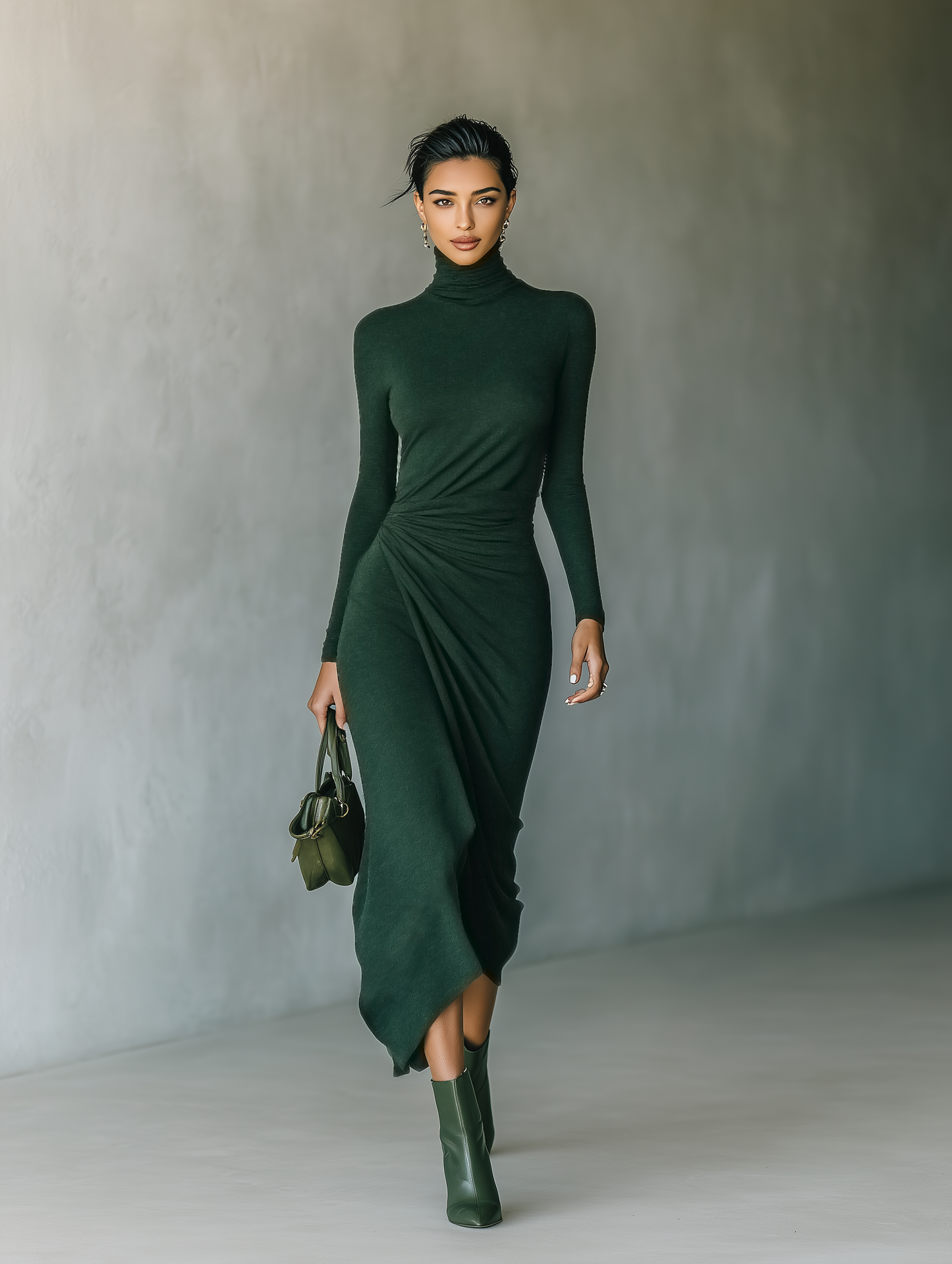 Dark Green High-Elastic Knit High-Neck Wrap Midi Dress