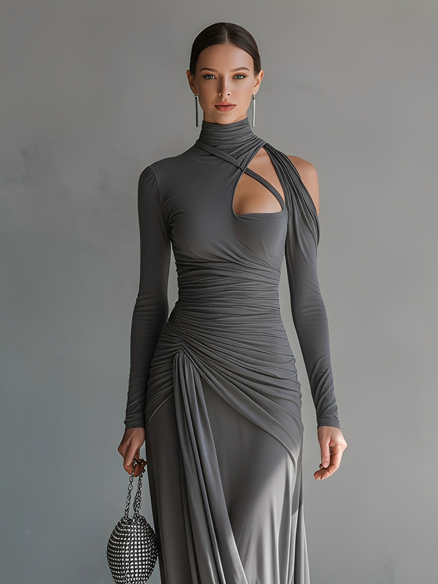 Grey Silky Ruched Cut-Out Maxi Dress