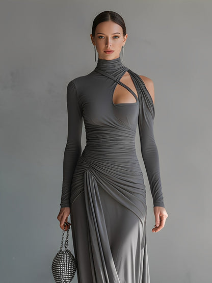 Grey Silky Ruched Cut-Out Maxi Dress