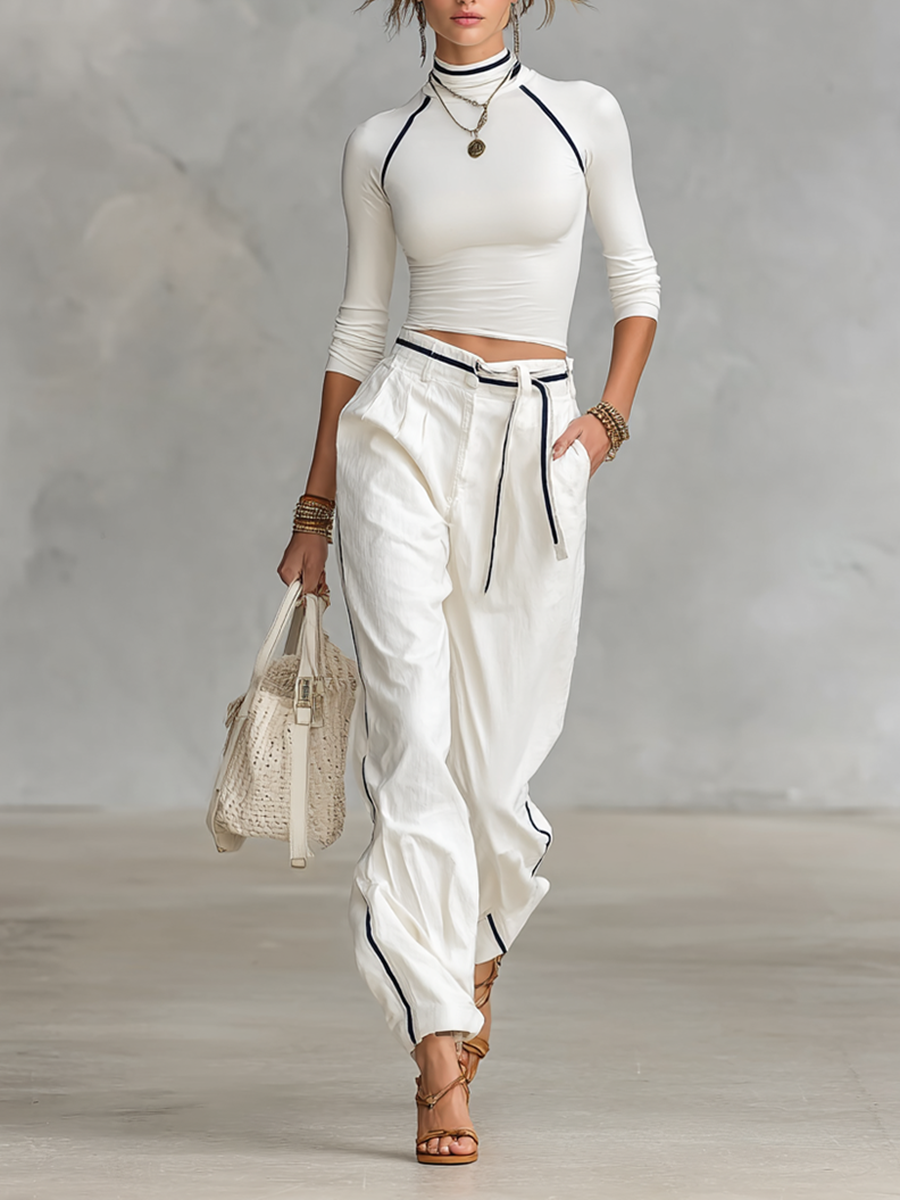 Half-High Collar Long Sleeve T-Shirt & Straight Pants Set