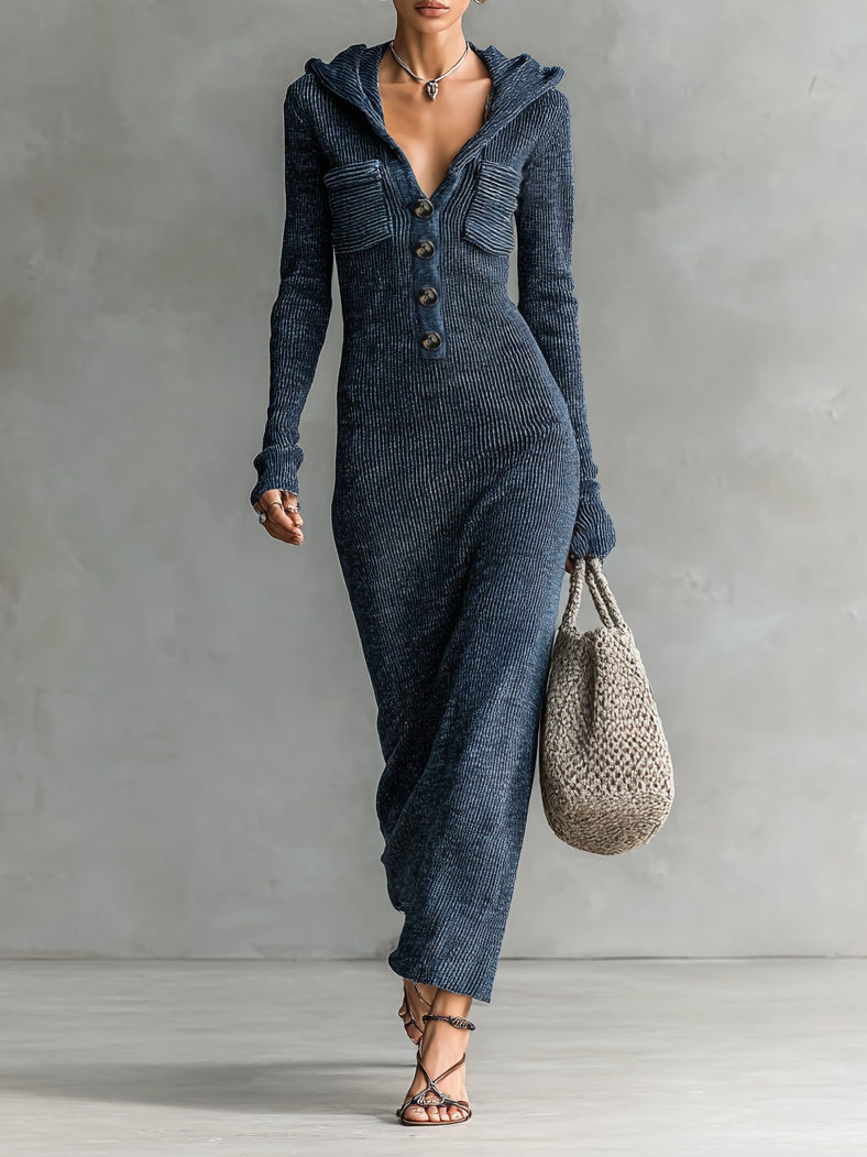 Slim Fit Hooded Knit Maxi Dress