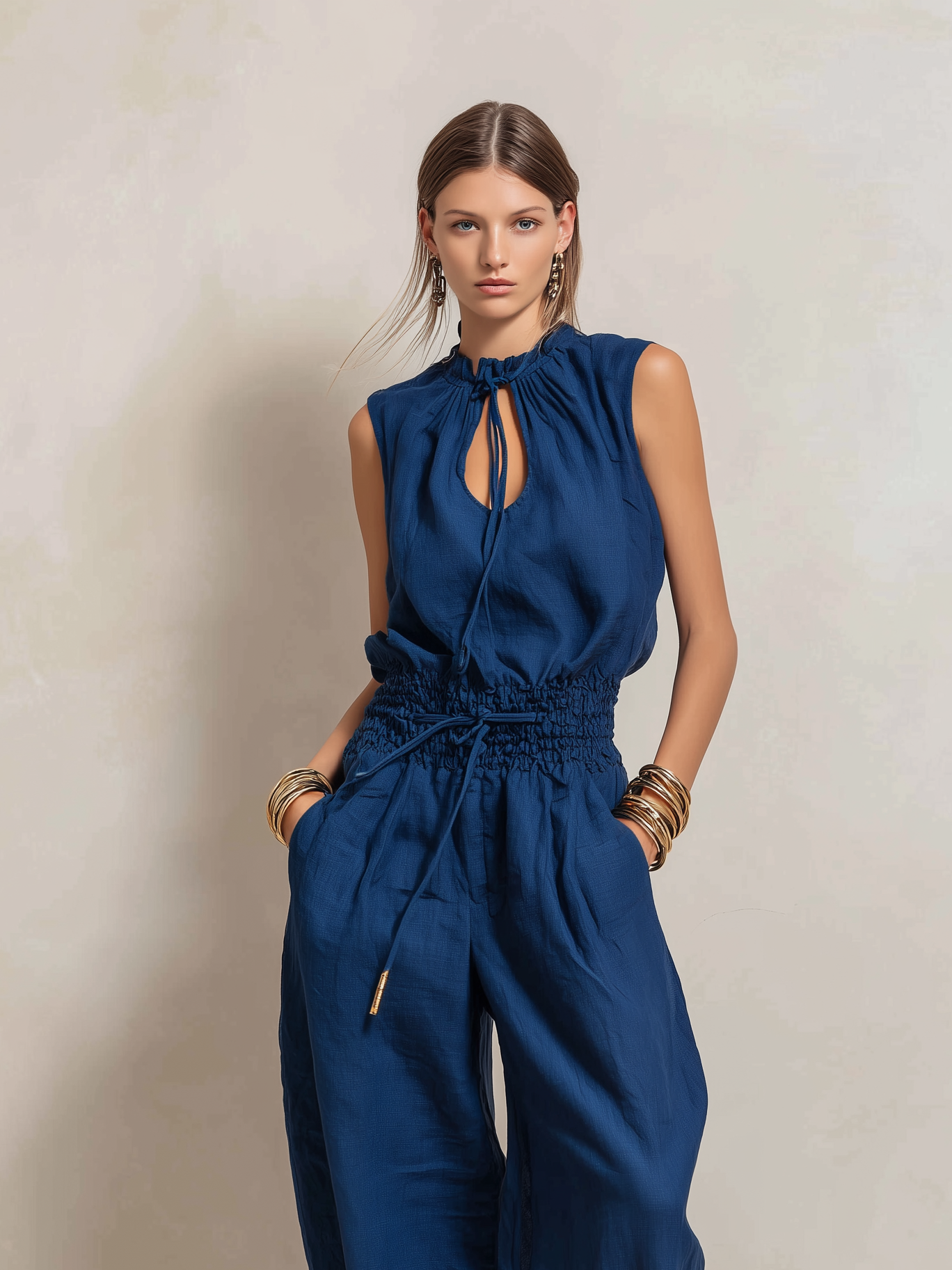 Cotton Linen Round Neck Sleeveless Jumpsuit