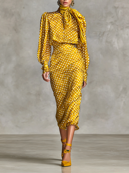 Vintage Satin Polka Dot Print Shirt & Skirt Set