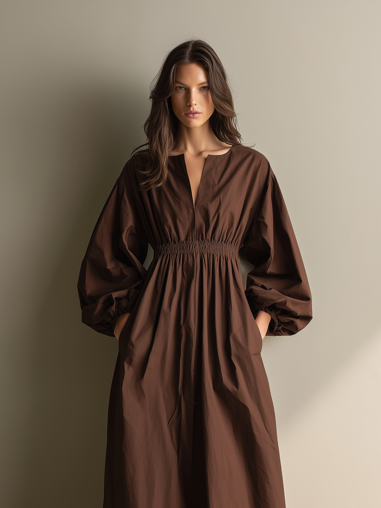 Brown Cotton-Linen V-Neck Elastic Waist Maxi Dress