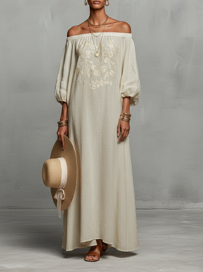 Off-Shoulder Three-Quarter Sleeve Embroidered Maxi Dress