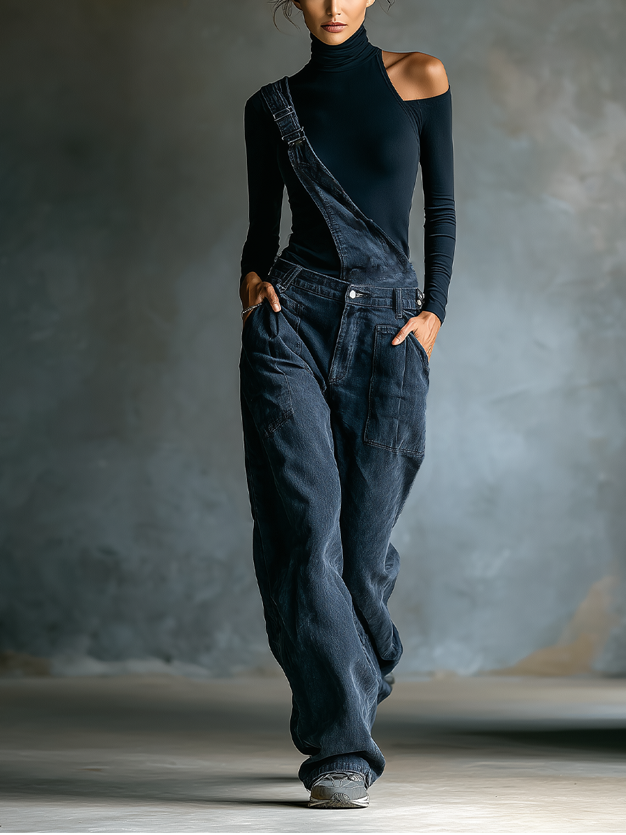 Black One-Shoulder Turtleneck Top & Denim Overalls Set