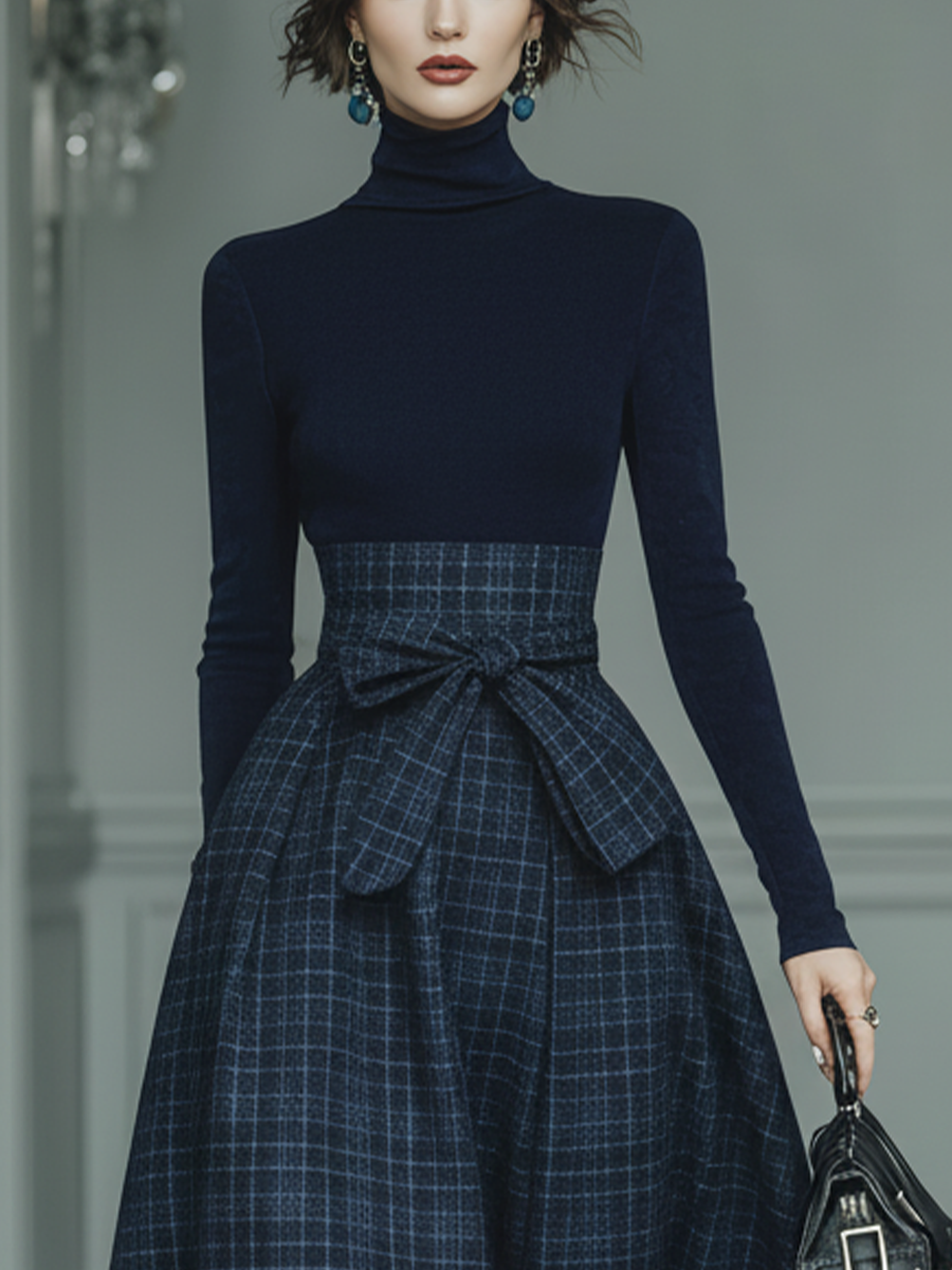 Dark Blue High Elastic Knit & Plaid Wool Skirt Set