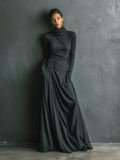 Charcoal Stretch Turtleneck Draped Maxi Dress