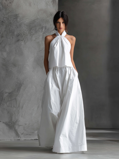 White Cotton-Linen Halter-Neck Top & Skirt Set