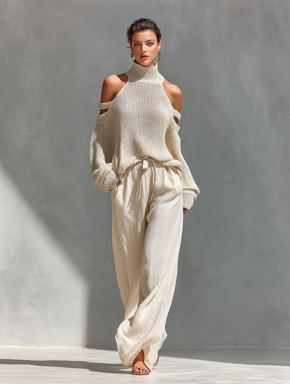 Beige Knit Cold-Shoulder Turtleneck & Wide-Leg Pants Set