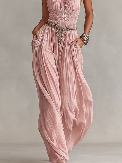 Blush Pleated Halter Neck Ruched Waist Jumpsuit
