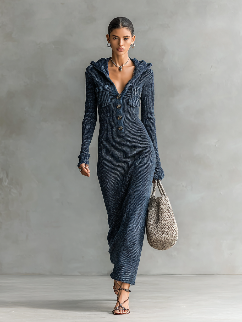 Slim Fit Hooded Knit Maxi Dress