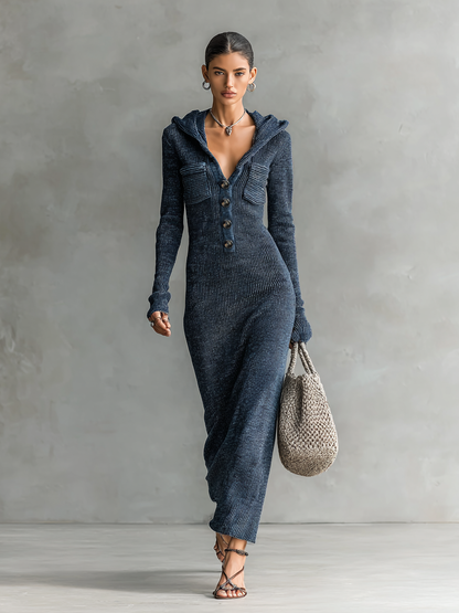 Slim Fit Hooded Knit Maxi Dress