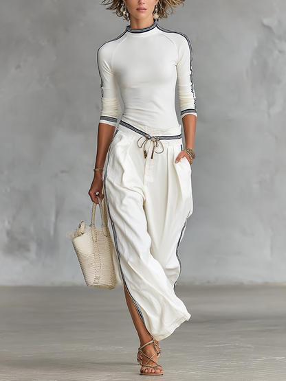 Sports Half-High Neck Long Sleeve Top & Wide-Leg Pants Set