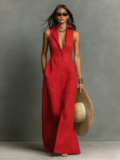 Linen Blend Collared Sleeveless Maxi Shirt Dress
