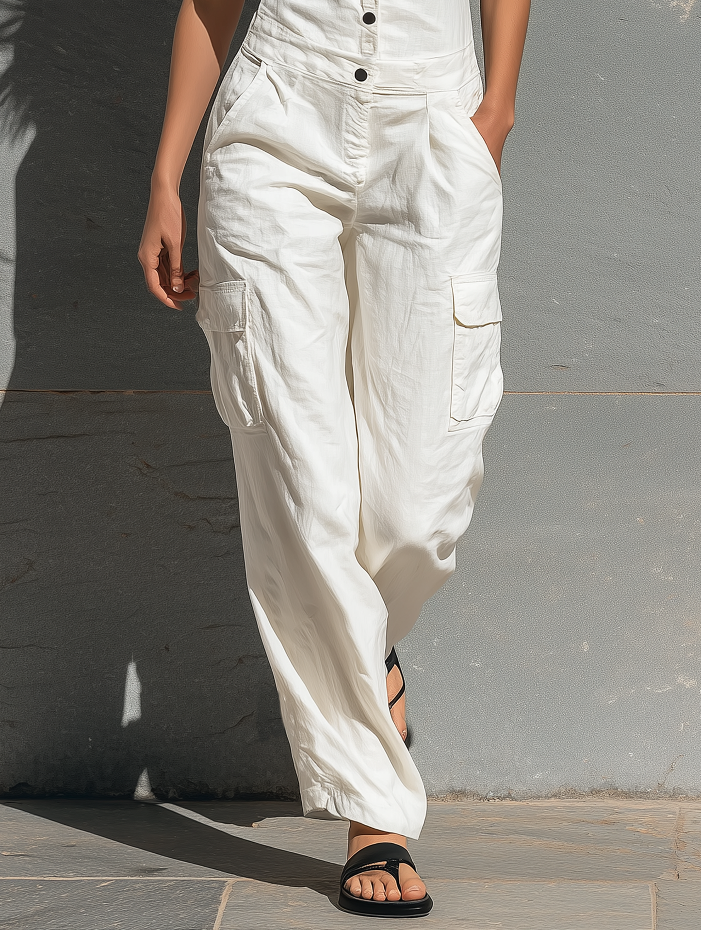 Cotton Blend Single-Breasted Sleeveless Jumpsuit