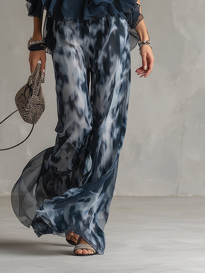 Ludovica - elegant chiffon dress with high neck top and wide printed trousers