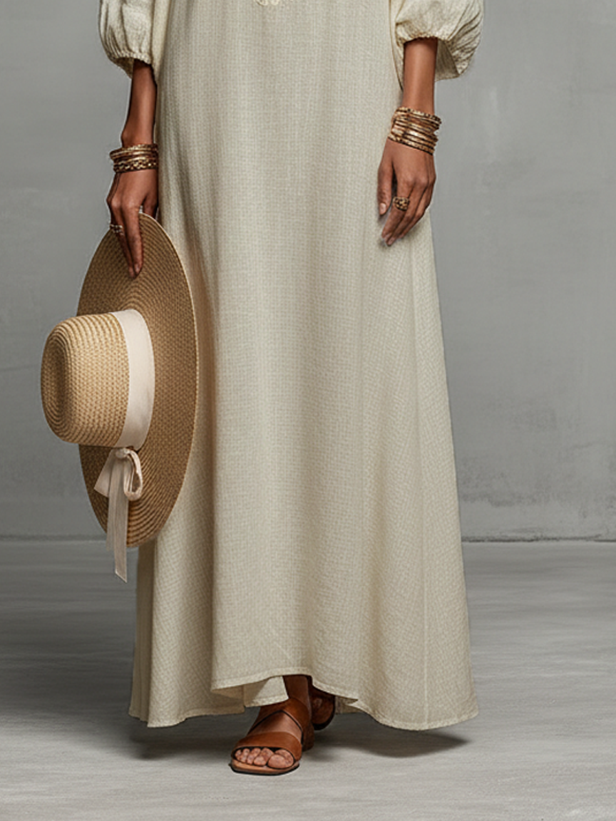 Off-Shoulder Three-Quarter Sleeve Embroidered Maxi Dress
