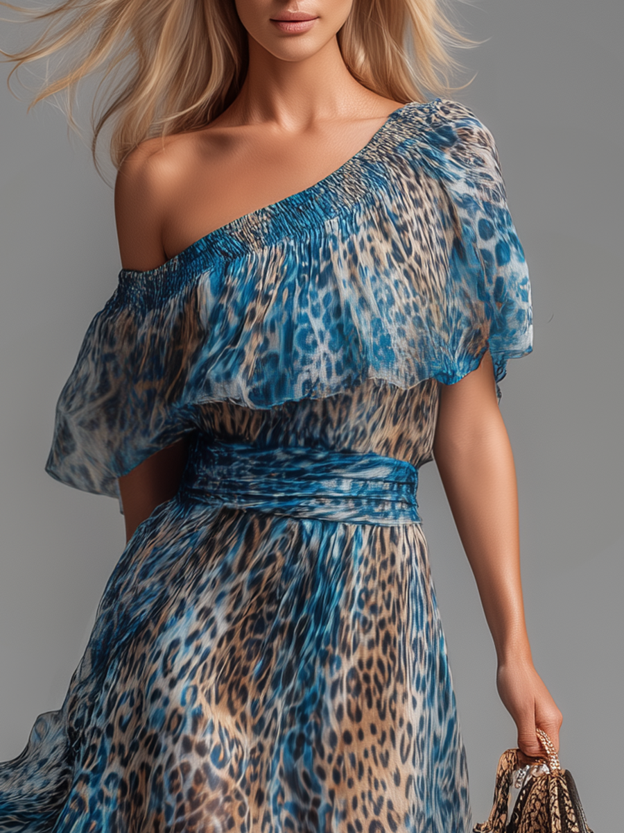 Selvaggia | Abito lungo in chiffon con stampa leopardata e spalle scoperte