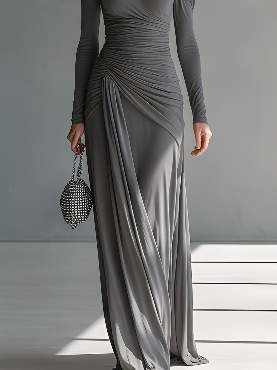 Grey Silky Ruched Cut-Out Maxi Dress